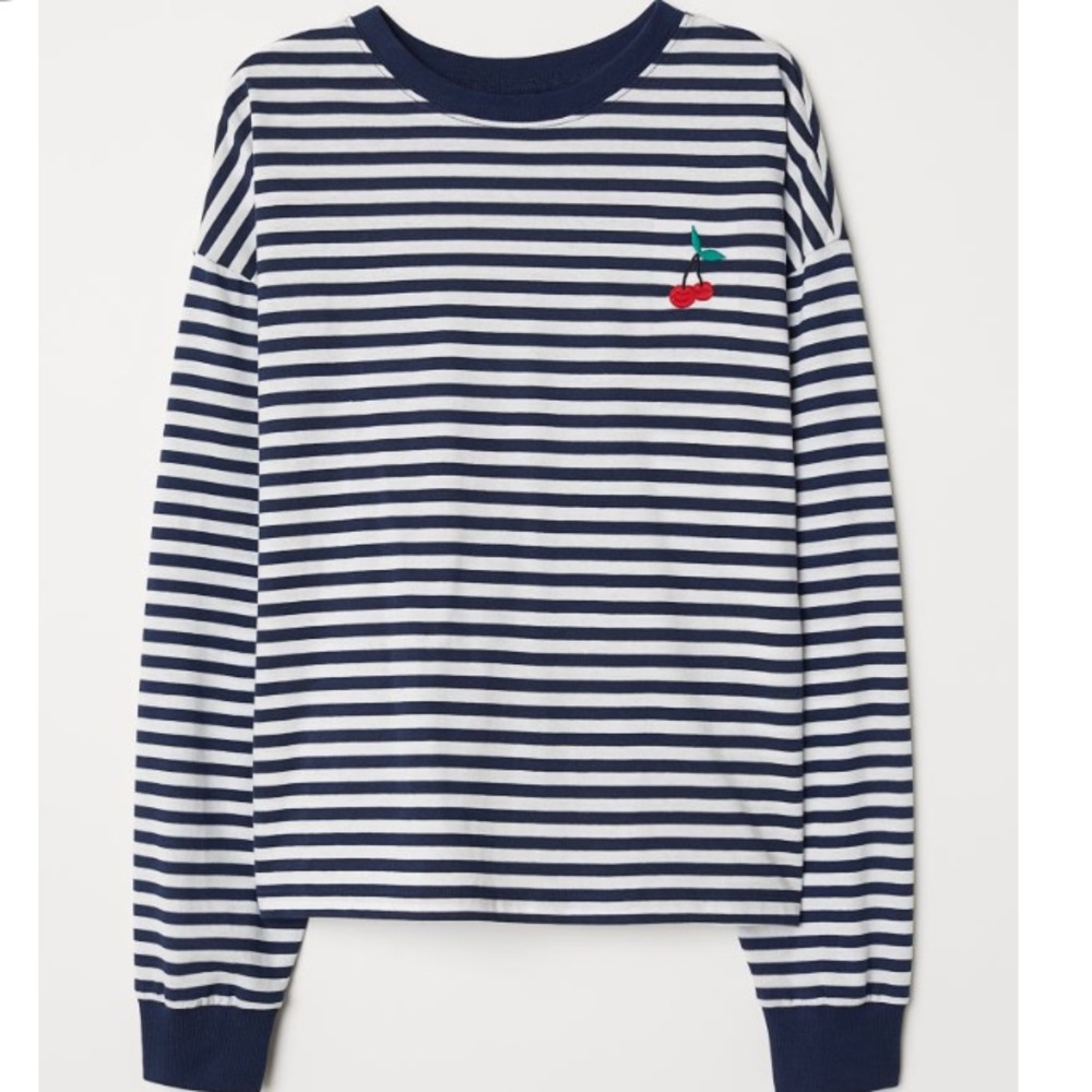 Blue and White Striped Top with Cherry
